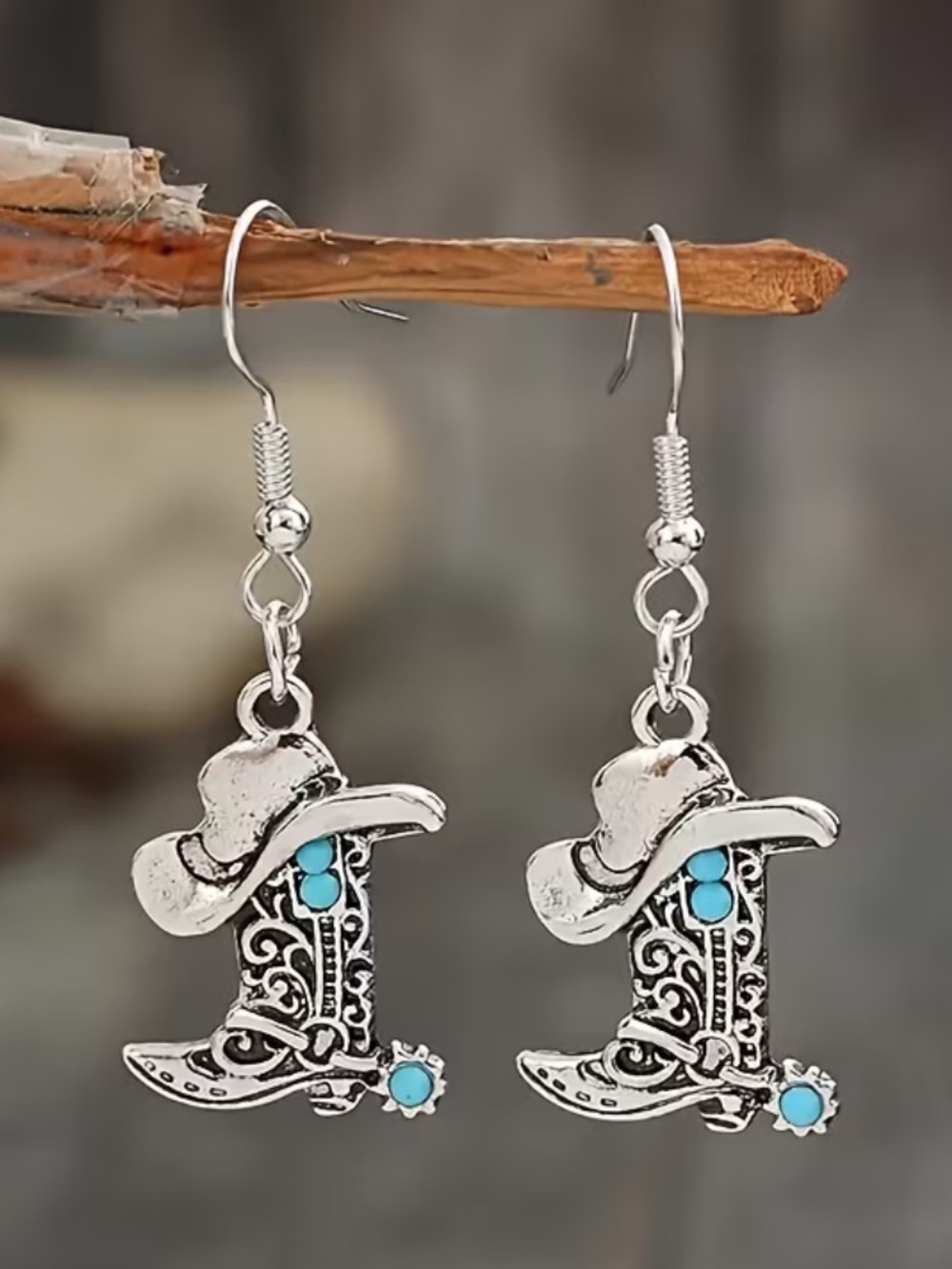 New Turquoise Accent Cowboy Boot & Hat Silver Earrings - Women Jewelry